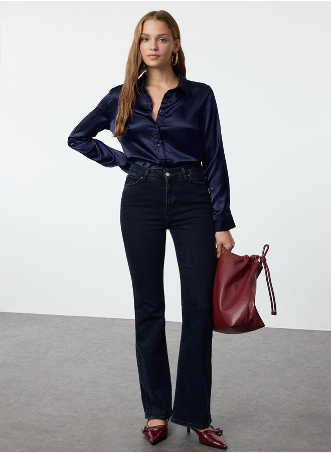 trendyol - Navy Blue Satin Fabric Regular Regular Pattern Woven Shirt TWOAW25GO00100 - Image 1