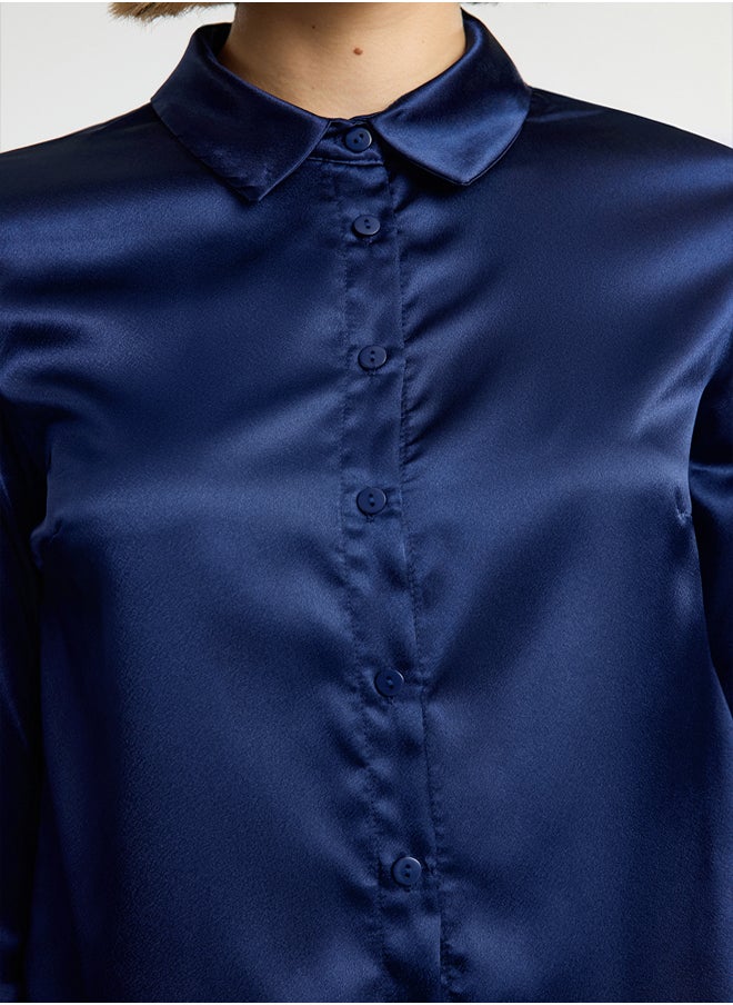 trendyol - Navy Blue Satin Fabric Regular Regular Pattern Woven Shirt TWOAW25GO00100 - Image 1