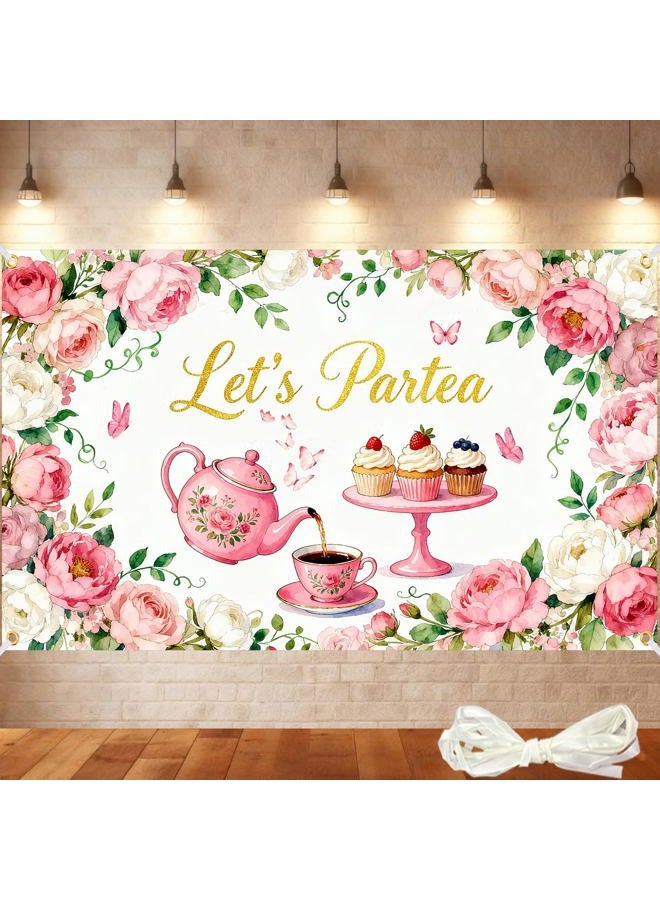 Gaofly Tea Party Backdrop 6x4FT – Let's Partea Banner Decorations with 19.69ft Ribbon, Floral Teapot Background for Tea Party Decorations, Birthday Baby Shower Photo Booth Props - Image 1