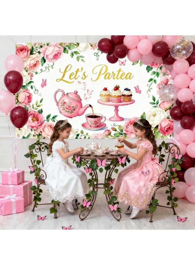 Gaofly Tea Party Backdrop 6x4FT – Let's Partea Banner Decorations with 19.69ft Ribbon, Floral Teapot Background for Tea Party Decorations, Birthday Baby Shower Photo Booth Props - Image 5