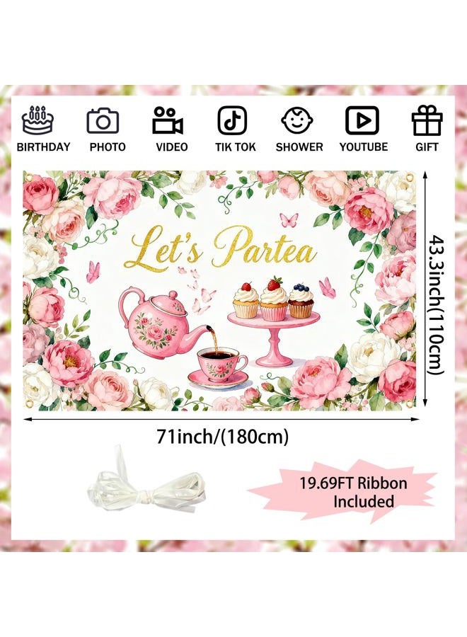 Gaofly Tea Party Backdrop 6x4FT – Let's Partea Banner Decorations with 19.69ft Ribbon, Floral Teapot Background for Tea Party Decorations, Birthday Baby Shower Photo Booth Props - Image 2