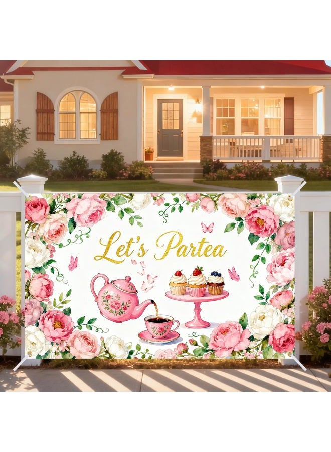 Gaofly Tea Party Backdrop 6x4FT – Let's Partea Banner Decorations with 19.69ft Ribbon, Floral Teapot Background for Tea Party Decorations, Birthday Baby Shower Photo Booth Props - Image 4