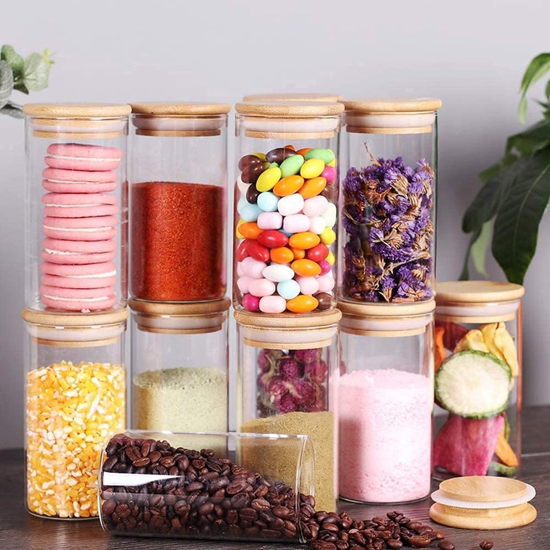 forestamart pack of 9 Glass Storage Jar with Air Tight wooden Lid for HerbsJamCookie Biscuit Masala 9 320 ml - Image 1