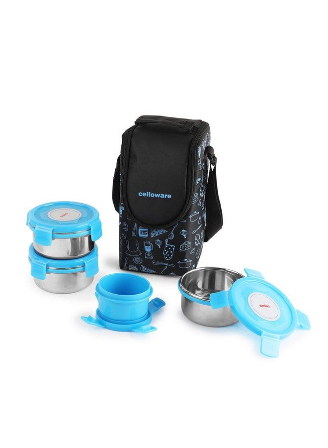 Cello CELLO MF Click Lunch Box Set with Bag, 4 Containers, 300ml, Blue | Tiffin Box Outer Plastic Inner Steel with Bag | Leakproof Lunch Boxes with Jacket | Ideal for Office, School, College  - Image 1