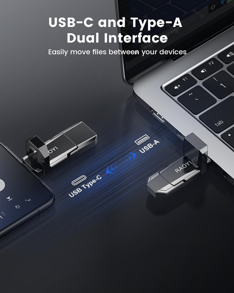 RAOYI 256GB USB C External SSD, 2-in-1 Solid State Drive Up to 450MB/s Dual USB 3.2 + Type-C Thumb Drive Portable SSD Drive for iPhone 15/16/17, Android, Tablet, PC and PS4 - Image 3