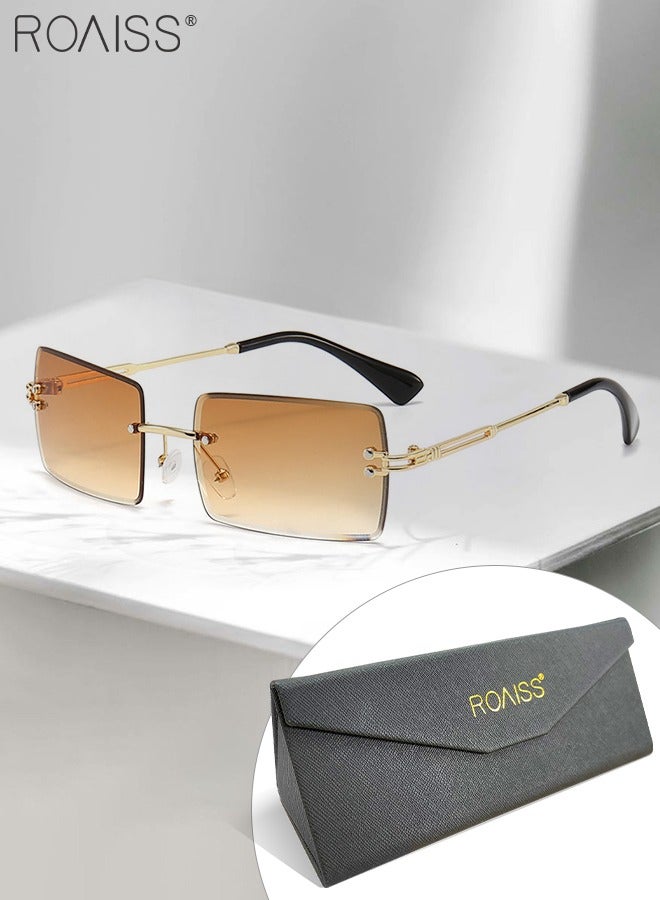 roaiss Women's Rimless Rectangular Sunglasses, UV400 Protection Vintage Anti-Glare Sun Shades with Glasses Case for Shopping Party Travel 59mm, Brown - Image 2