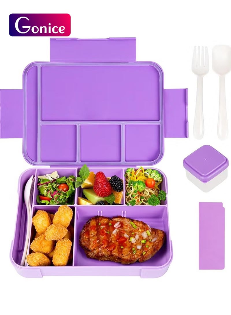 Gonice Bento Lunch Box for Kids, 1330ML Bento Box Adult Lunch Box with 6 Compartment, Leakproof Snack Boxes with Utensil Sauce Dressing Containers, Reusable On-the-Go Meal and Snack Packing(Purple)  - Image 1