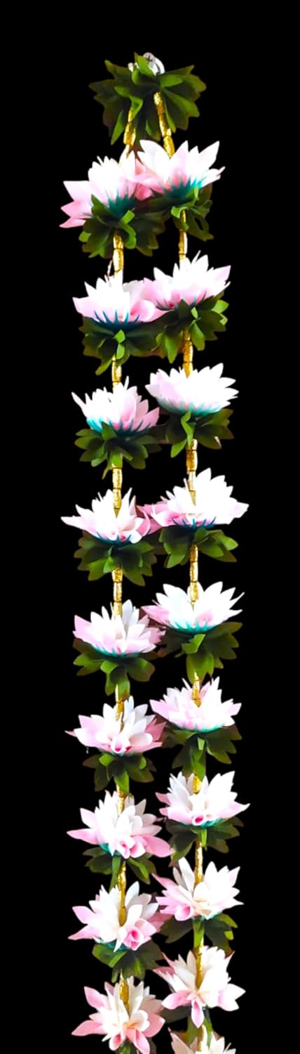 Toran Door Set Beautiful Artificial 1 Mango Leaves Toran with 2 Lotus Lengths Set for Pooja Room Main Door 39 Inch 1 Mango Leaves Toran 45 Inch 2 Lotus Lengths Baby Pink - Image 2
