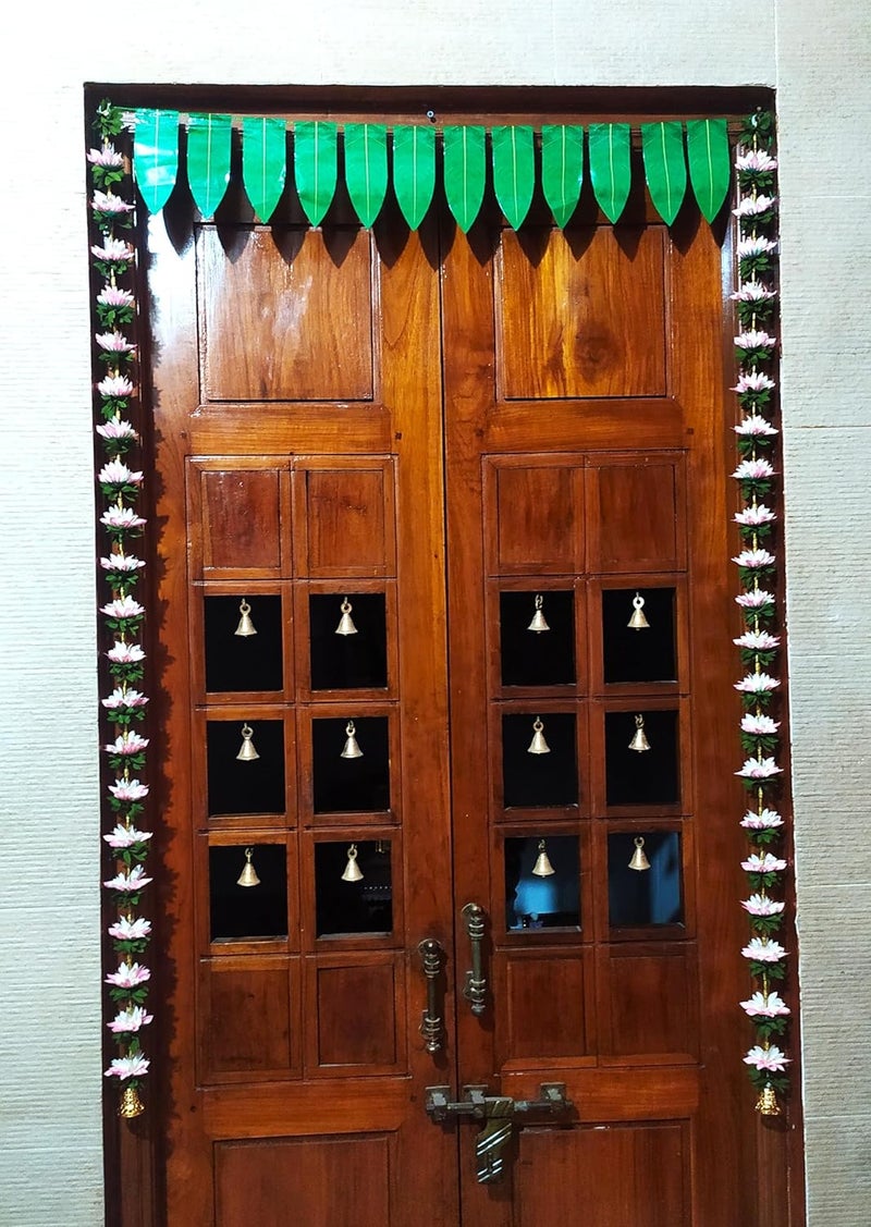 Toran Door Set Beautiful Artificial 1 Mango Leaves Toran with 2 Lotus Lengths Set for Pooja Room Main Door 39 Inch 1 Mango Leaves Toran 45 Inch 2 Lotus Lengths Baby Pink - Image 1