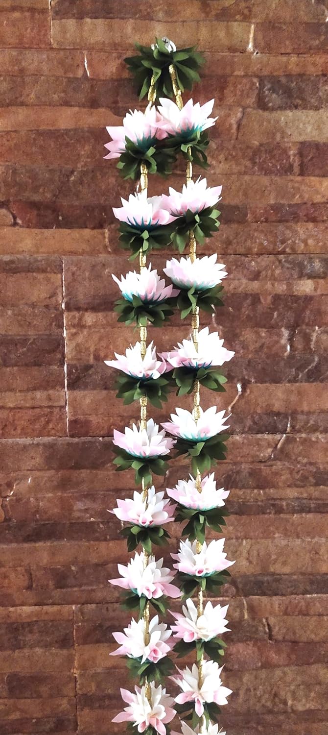 Toran Door Set Beautiful Artificial 1 Mango Leaves Toran with 2 Lotus Lengths Set for Pooja Room Main Door 39 Inch 1 Mango Leaves Toran 45 Inch 2 Lotus Lengths Baby Pink - Image 4