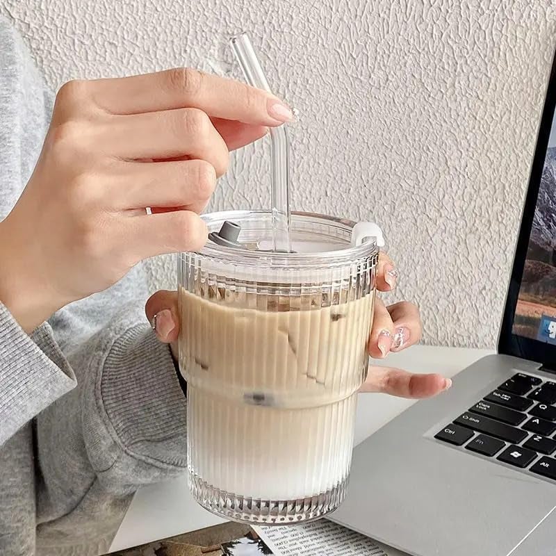 SKDBPM Ice Juice Drinks Glass Can Mug with Straw for Milk/Coffee/Green Tea Cup Set of 1-400ml Transparent Printed Can Shape Cup (Pack of 1) (Ribbed Sipper) - Image 3