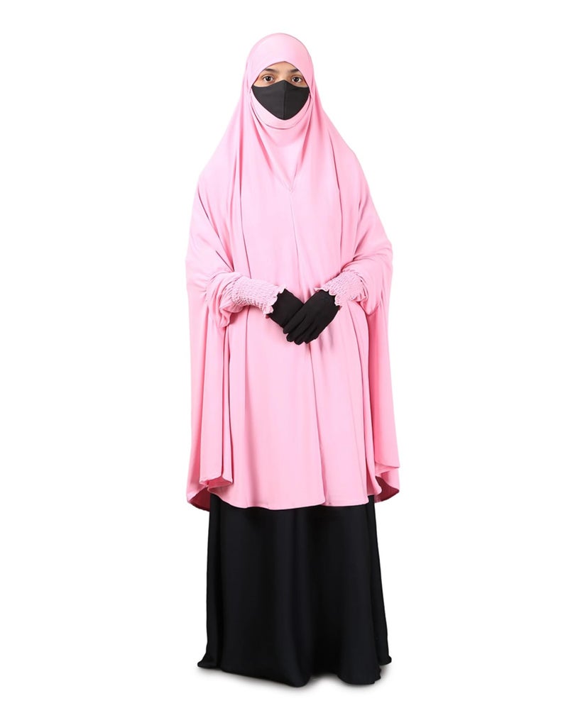 ICW Women Stretchable Jersey Smoking Sleeve Jilbab Cum Prayer khimar Hijab (Free Size) (Light Pink) - Image 1