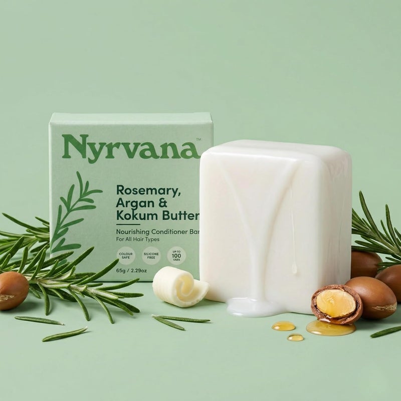 NYRVANA Rosemary Argan & Kokum Butter Nourishing Conditioner Bar 65g Solid Conditioner for All Hair Types Men & Women Colour Safe PlasticFree No Artificial Colour or Fragrance - Image 2