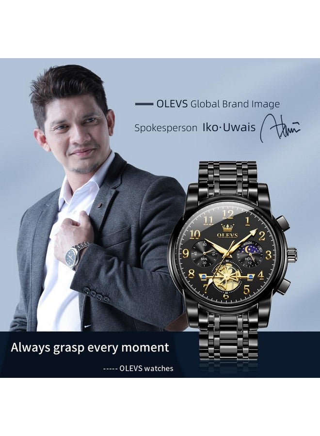 OLEVS Men's Business Watch Black with Large Easy-Read Analog Quartz Date Display Luxury Stainless Steel Band Waterproof Luminous Hands - Image 2