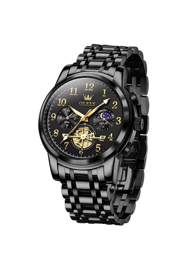 OLEVS Men's Business Watch Black with Large Easy-Read Analog Quartz Date Display Luxury Stainless Steel Band Waterproof Luminous Hands - Image 1
