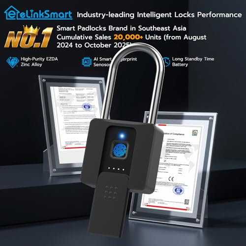 eLinkSmart Long Fingerprint Padlock - Remote Authorization via Phone, Heavy Duty, Waterproof, Anti-Theft, USB Type-C, Supports iOS & Watch - Image 5