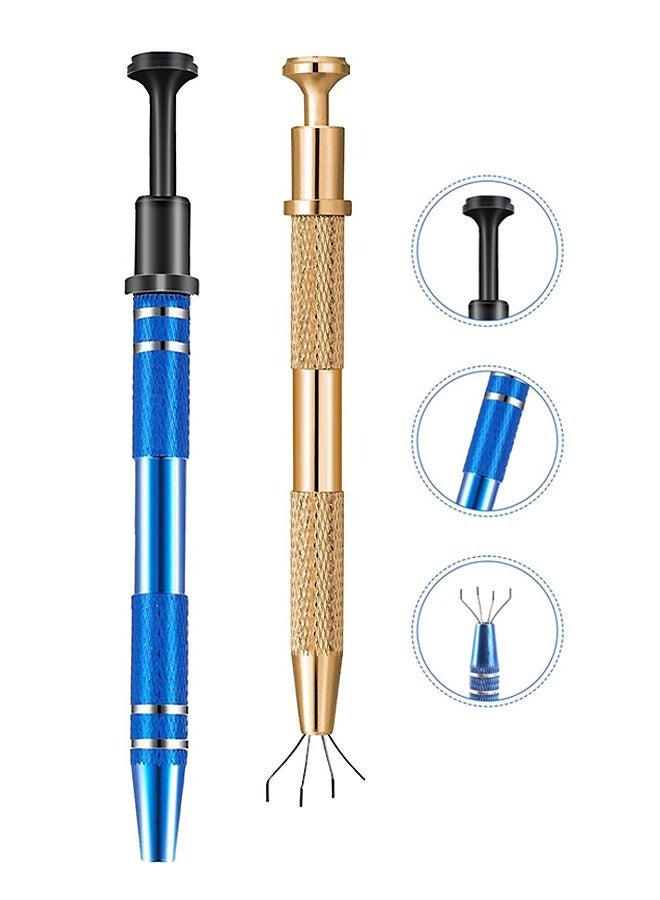 2 Pcs Stainless Steel 4 Claw Pick up Tool, Electronic Cutting Forceps with Four Claws for Small Parts Pickup, IC Chip Electronic Components Grabber for Tiny Objects in Home Office (Blue+Golden)  - Image 1