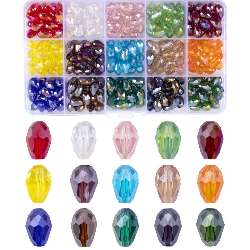 MissAudrey 300pcs Crystal Teardrop Glass Beads for Jewellery Making 8x12mm Faceted Tear Drop Beads for DIY Crafting Jewelry Making 15 AB Colors Plated Waterdrop Shape Loose Spacer Bead