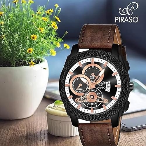 PIRASO Analog Watch Date Display Black DIAL and Brown Strap Watch for Men & BOY - Image 3