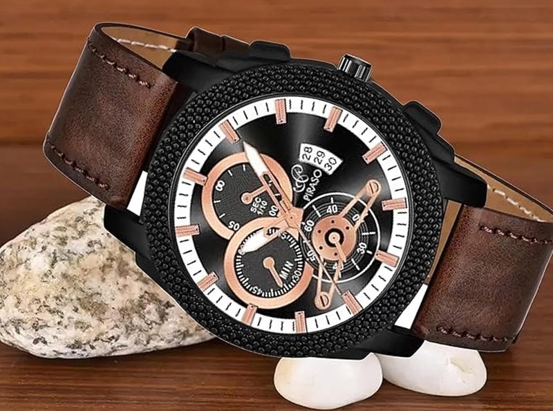PIRASO Analog Watch Date Display Black DIAL and Brown Strap Watch for Men & BOY - Image 4