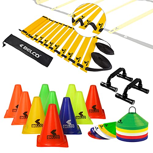 BELCO Sports 6 Inch Cones Pack 10,20 Space Markers and 8 Meter Ladder with Pushup Stand Agility Combos - Image 1