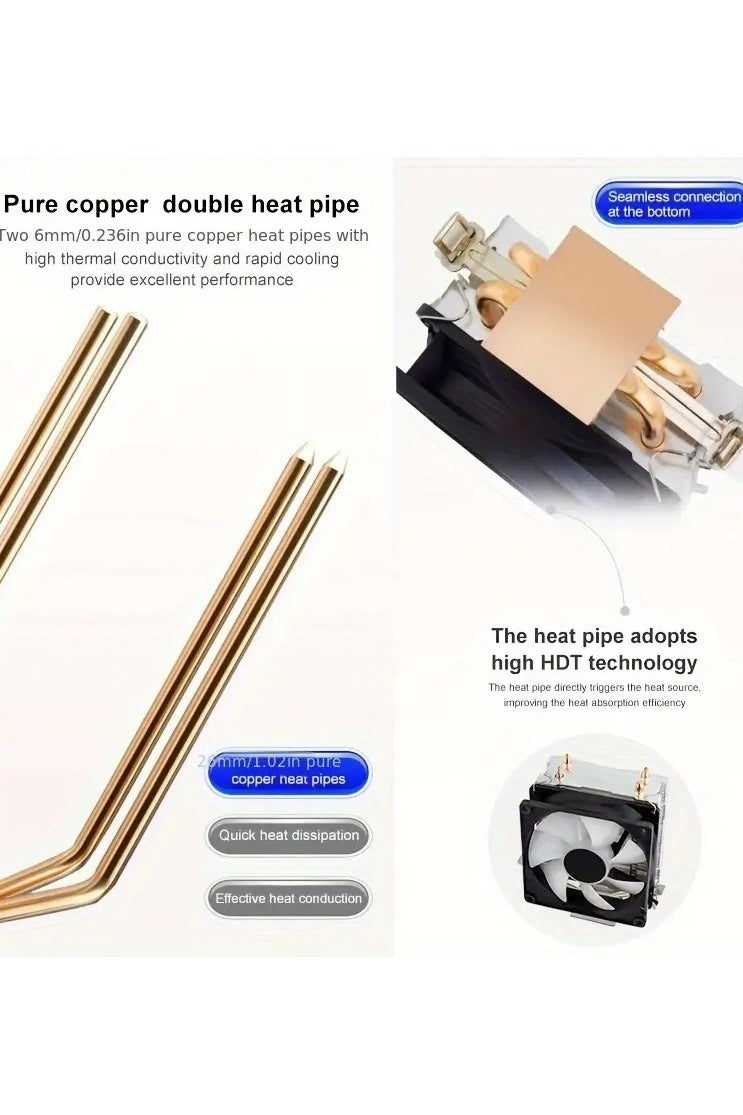 GOLDEN FIELD 488 CPU Cooler – CPU Fan & PC Radiator Heatsink with 2 Heatpipes, Low Noise Air Cooling Fan for Intel & AMD Processors - Image 2