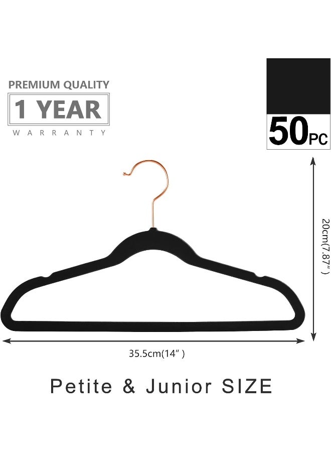 MIZGI Premium Kids Velvet Hangers (Pack of 50) 14" Wide with Copper Rose Gold Hooks, Space Saving, Nonslip Huggable Closet Hangers for Petite Junior Children's Skirt Dress Pants, Clothes Hangers - Image 2