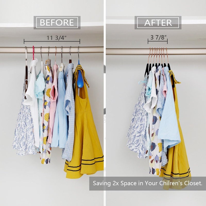 MIZGI Premium Kids Velvet Hangers (Pack of 50) 14" Wide with Copper Rose Gold Hooks, Space Saving, Nonslip Huggable Closet Hangers for Petite Junior Children's Skirt Dress Pants, Clothes Hangers - Image 4