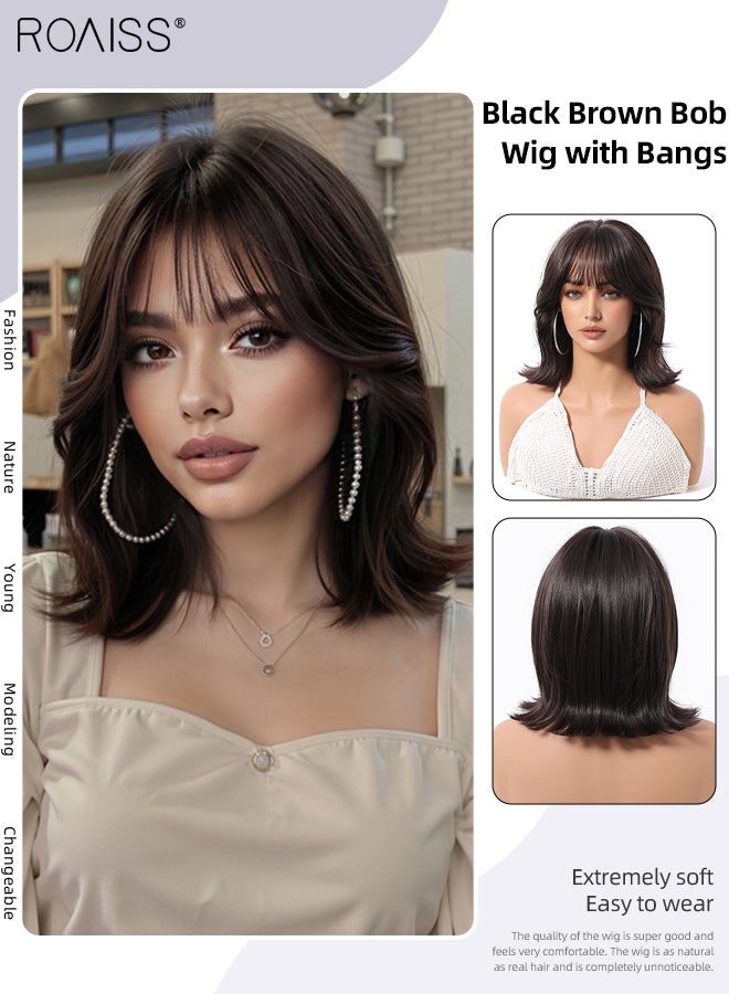 roaiss Black Brown Bob Wig with Bangs, Women's Short Curly Wig, Synthetic Natural Heat Resistant Fiber Wig, Can Be Used as Real Hair, Suitable for Daily Use, Party, Costume, Cosplay, 29cm (11.5 Inch) - Image 1