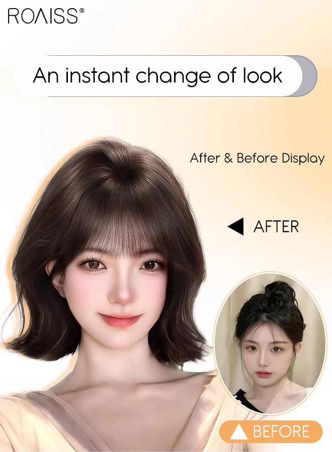 roaiss Black Brown Bob Wig with Bangs, Women's Short Curly Wig, Synthetic Natural Heat Resistant Fiber Wig, Can Be Used as Real Hair, Suitable for Daily Use, Party, Costume, Cosplay, 29cm (11.5 Inch) - Image 4