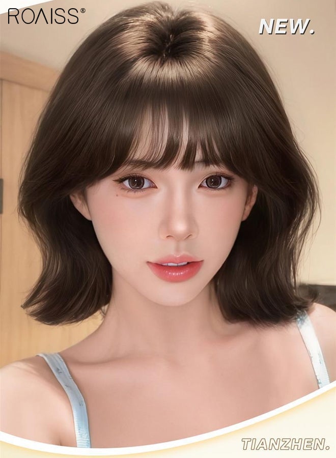 roaiss Black Brown Bob Wig with Bangs, Women's Short Curly Wig, Synthetic Natural Heat Resistant Fiber Wig, Can Be Used as Real Hair, Suitable for Daily Use, Party, Costume, Cosplay, 29cm (11.5 Inch) - Image 3