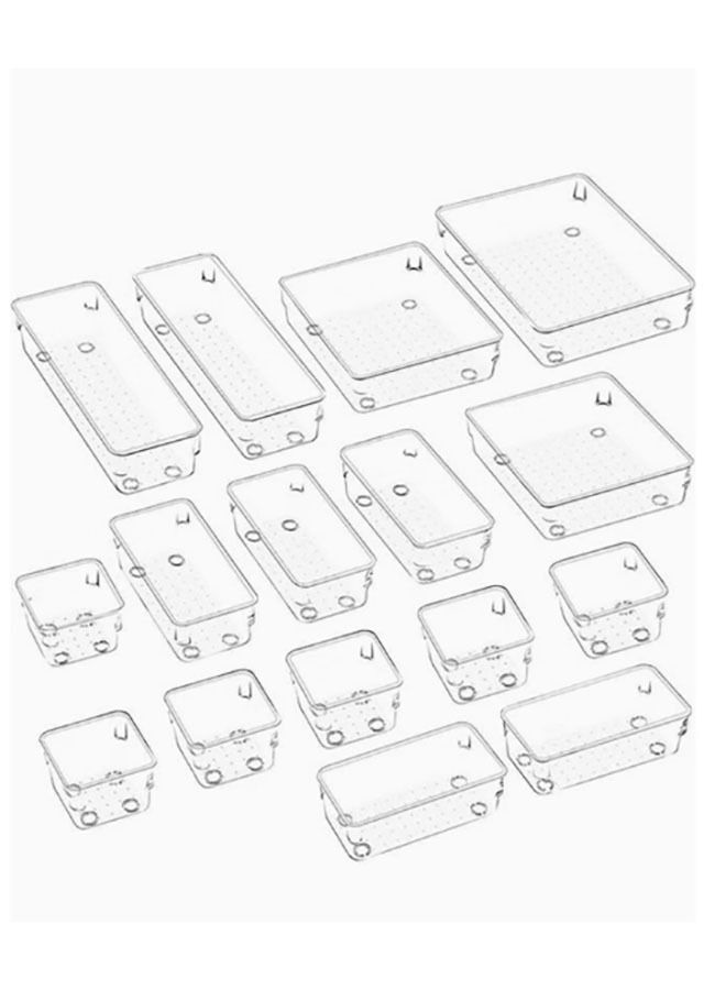 Office Drawer Organizer Dividers Set 16 Piece Non-Slip Bathroom Tray Plastic Multifunctional Storage Box Bins for Make-Up Jewellery Kitchen Cupboard (Transparent) - Image 1