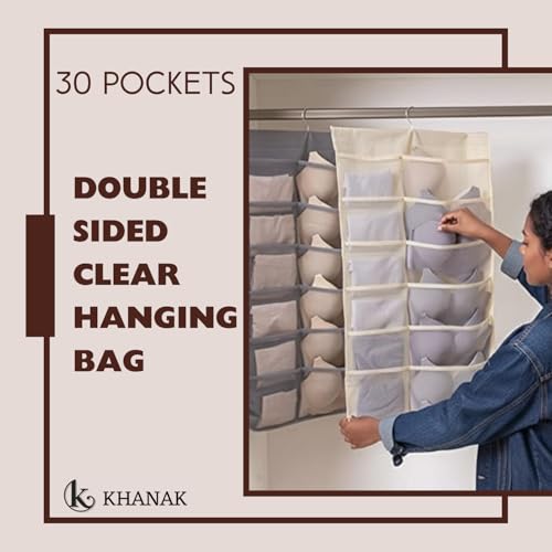 KHANAK Plastic 30 Pockets Double Sided Clear Hanging Bag Underwear Bra Socks Hanger Clothing Storage Organizer Wall Hanging Closet Shelves Clothing Storage Pockets (Ivory) - Image 3