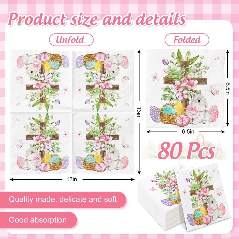 Whaline مناديل ورقية للاحتفال بعيد الفصح من واهلين 80 قطعة مع تصميم بيض وأرنب وصليب للاستخدام مرة واحدة لمستلزمات حفلات العشاء وزهور الأرنب في الربيع للمنزل والمطبخ - Image 2