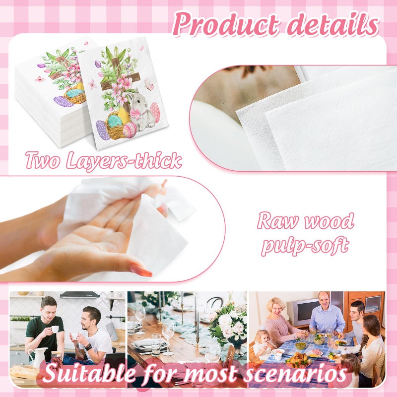 Whaline مناديل ورقية للاحتفال بعيد الفصح من واهلين 80 قطعة مع تصميم بيض وأرنب وصليب للاستخدام مرة واحدة لمستلزمات حفلات العشاء وزهور الأرنب في الربيع للمنزل والمطبخ - Image 3