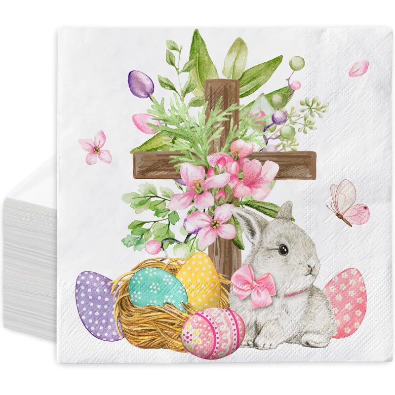 Whaline مناديل ورقية للاحتفال بعيد الفصح من واهلين 80 قطعة مع تصميم بيض وأرنب وصليب للاستخدام مرة واحدة لمستلزمات حفلات العشاء وزهور الأرنب في الربيع للمنزل والمطبخ - Image 1