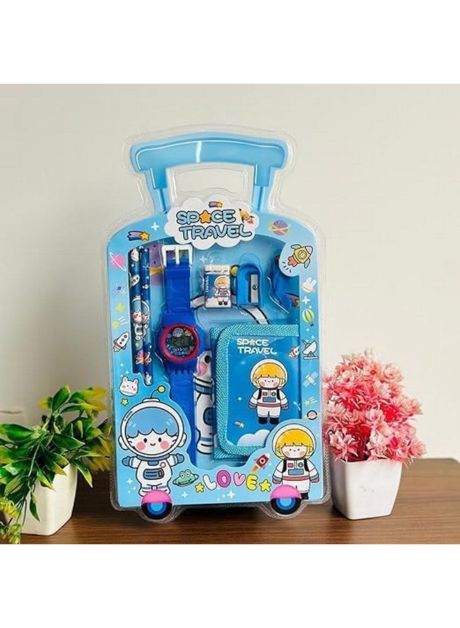 SAMVARDHAN 7 in 1 Stationery Gift Set for Children | Stationery Supplies Bundle with Digital Watch, Sharpener, Eraser, 2 Pencils, Wallet Pouch Return Gift for Kids (GIFTSET-9005-PACK1-SUMMER-BLUE) - Image 3