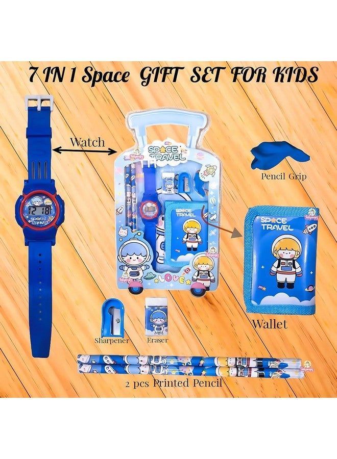 SAMVARDHAN 7 in 1 Stationery Gift Set for Children | Stationery Supplies Bundle with Digital Watch, Sharpener, Eraser, 2 Pencils, Wallet Pouch Return Gift for Kids (GIFTSET-9005-PACK1-SUMMER-BLUE) - Image 2