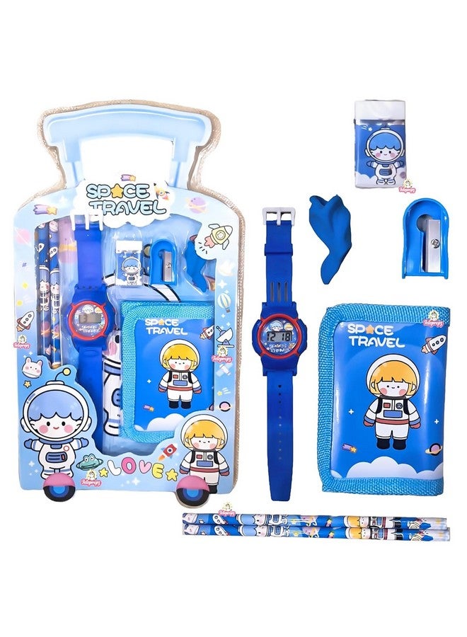 SAMVARDHAN 7 in 1 Stationery Gift Set for Children | Stationery Supplies Bundle with Digital Watch, Sharpener, Eraser, 2 Pencils, Wallet Pouch Return Gift for Kids (GIFTSET-9005-PACK1-SUMMER-BLUE) - Image 1