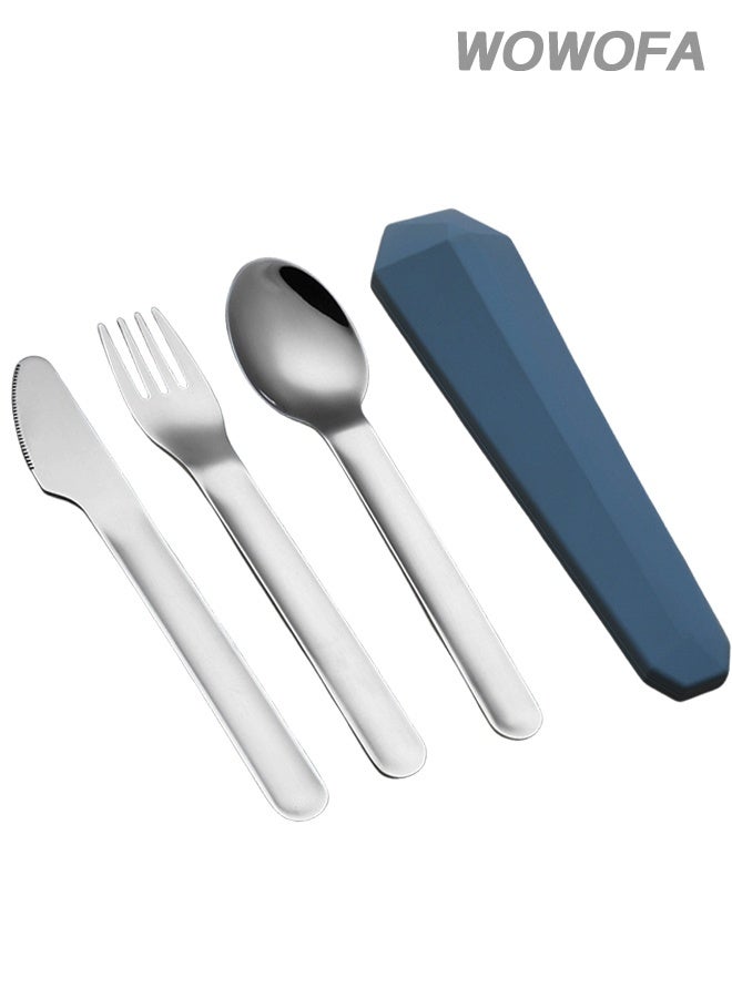 wowofa 4-piece Camping cutlery set，Stainless steel material，with Silicone Case, Travel Utensils with Pouch, Reusable Fork Spoon and Knife, Cutlery for Lunch Box Kids School, Camping Outdoor, （Blue） - Image 1