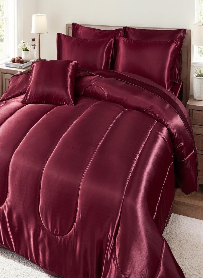 Bedding_Dreamer طقم لحاف حريري أحمر من Bedding_Dreamer مع طقم ملاءات، مقاس كينج، 8 قطع، طقم سرير من الساتان، طقم سرير حريري فاخر، طقم لحاف بورغندي ناعم فاخر مع غطاء وسادة واحد، طقم سرير نباتي حريري - Image 3