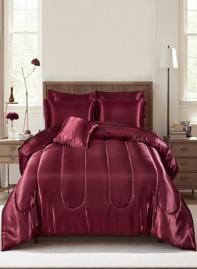 Bedding_Dreamer طقم لحاف حريري أحمر من Bedding_Dreamer مع طقم ملاءات، مقاس كينج، 8 قطع، طقم سرير من الساتان، طقم سرير حريري فاخر، طقم لحاف بورغندي ناعم فاخر مع غطاء وسادة واحد، طقم سرير نباتي حريري - Image 1