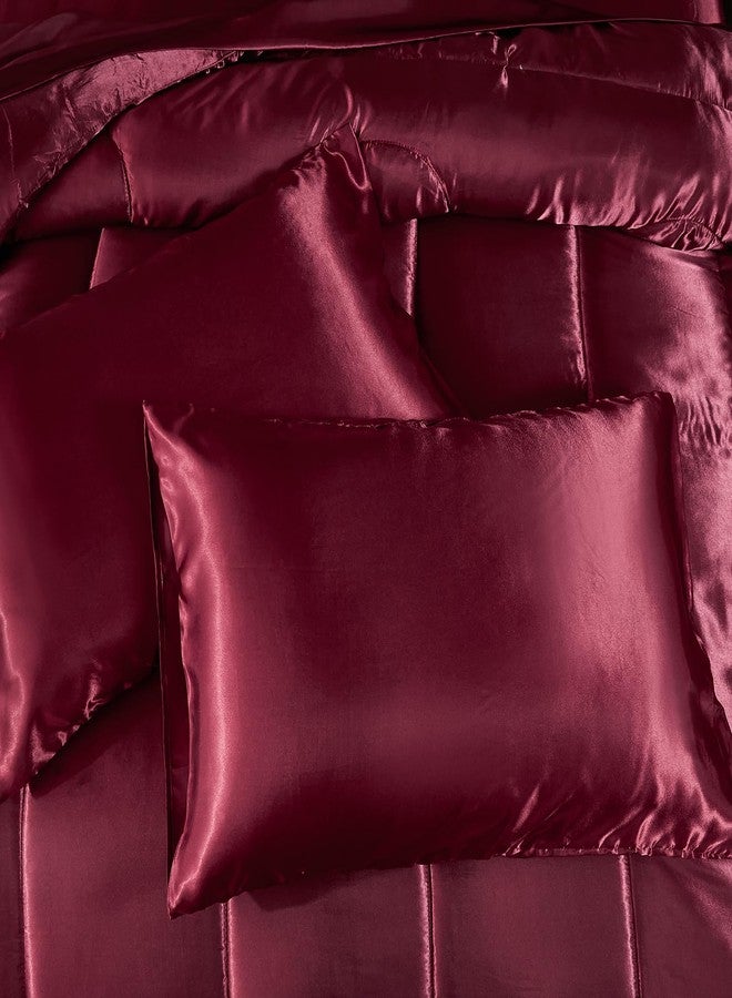 Bedding_Dreamer طقم لحاف حريري أحمر من Bedding_Dreamer مع طقم ملاءات، مقاس كينج، 8 قطع، طقم سرير من الساتان، طقم سرير حريري فاخر، طقم لحاف بورغندي ناعم فاخر مع غطاء وسادة واحد، طقم سرير نباتي حريري - Image 4