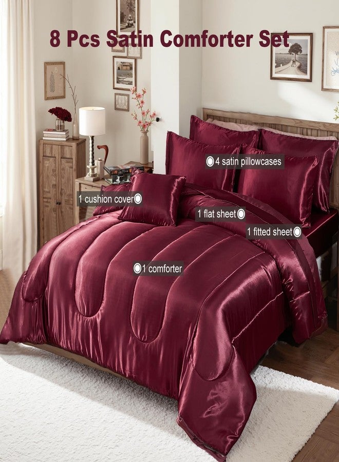 Bedding_Dreamer طقم لحاف حريري أحمر من Bedding_Dreamer مع طقم ملاءات، مقاس كينج، 8 قطع، طقم سرير من الساتان، طقم سرير حريري فاخر، طقم لحاف بورغندي ناعم فاخر مع غطاء وسادة واحد، طقم سرير نباتي حريري - Image 2
