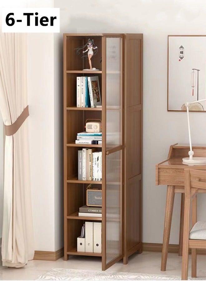 Kutis 6-Tier Magazine Bookcase Storage Rack Display Organizer Shelves Book Shelf With Door Bamboo/Density Board Brown 40X30X148cm. - Image 1