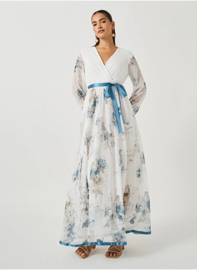 Styli Styli Women White Floral Print V Neck A-Line Maxi Dress with Ribbon Tie Detail