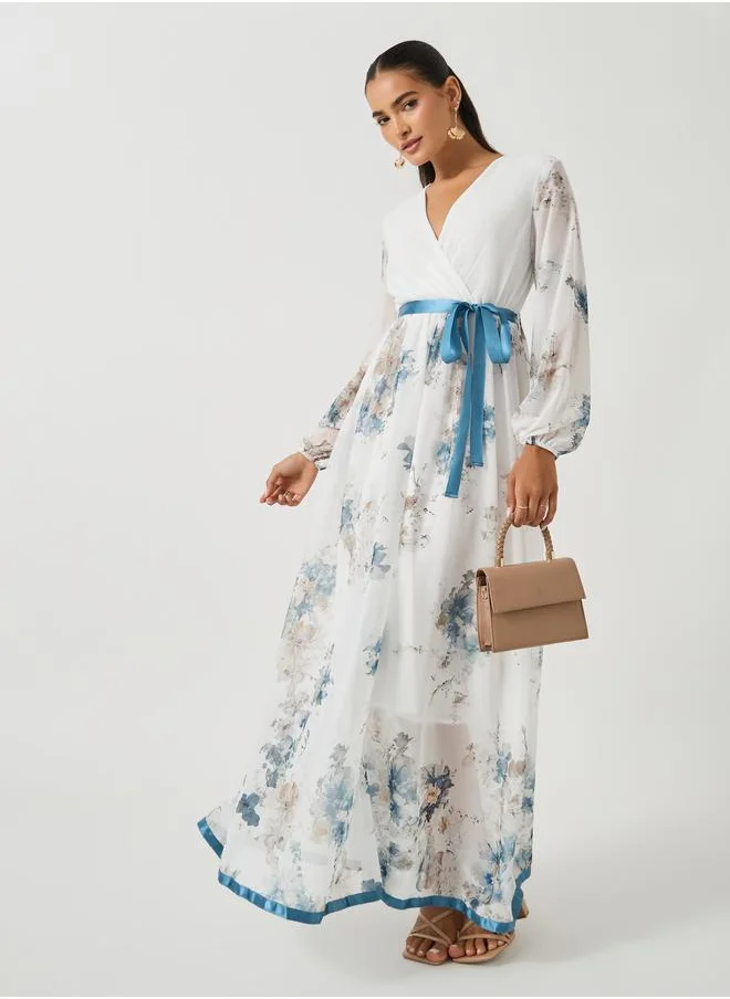 Styli Styli Women White Floral Print V Neck A-Line Maxi Dress with Ribbon Tie Detail