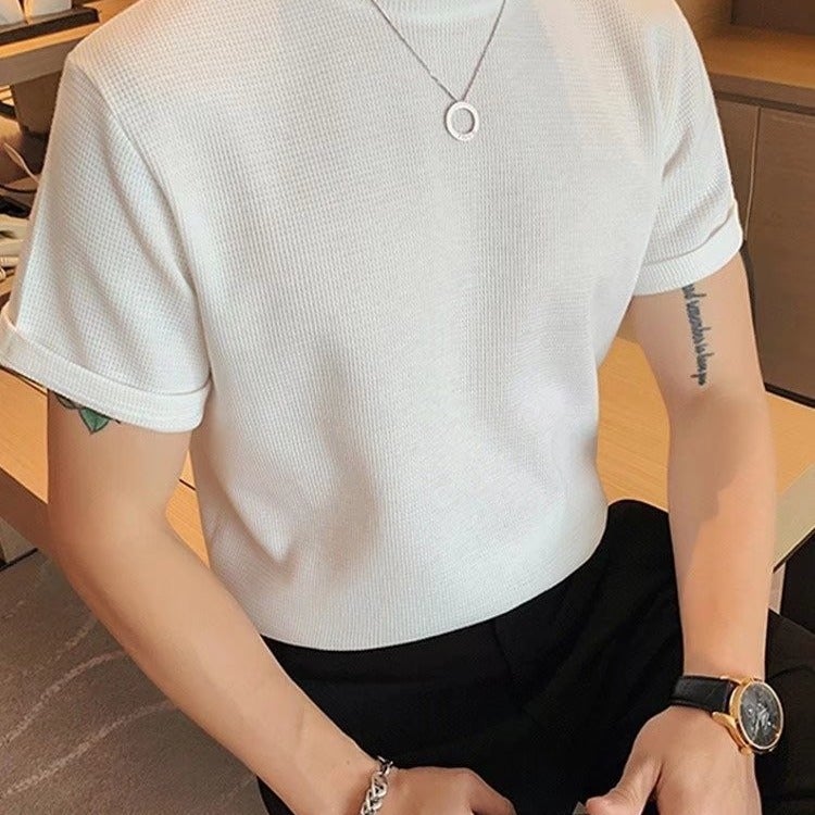 Wafflick Design Sense Summer Men'S Korean Style Loose Knitted Short Sleeve Light Mature Style Solid Color Casual T-Shirt Trendy - Image 1