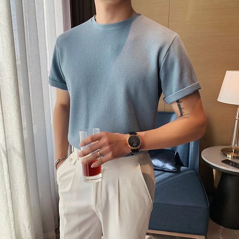 Wafflick Design Sense Summer Men'S Korean Style Loose Knitted Short Sleeve Light Mature Style Solid Color Casual T-Shirt Trendy - Image 5