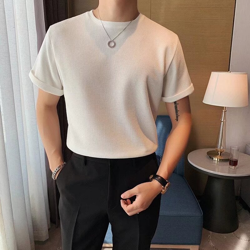 Wafflick Design Sense Summer Men'S Korean Style Loose Knitted Short Sleeve Light Mature Style Solid Color Casual T-Shirt Trendy - Image 4